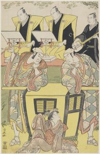 Scène uit The Shosa Modori kago iro ni aikata, 1788 door Torii Kiyonaga